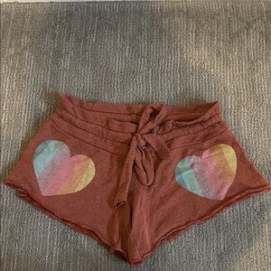 Wildfox Red Athletic Shorts with Rainbow Hearts